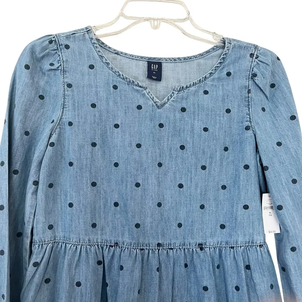 Gap Girls Blue Polka Dot Tiered Long Sleeve Denim Dress Size XL/12 NWT